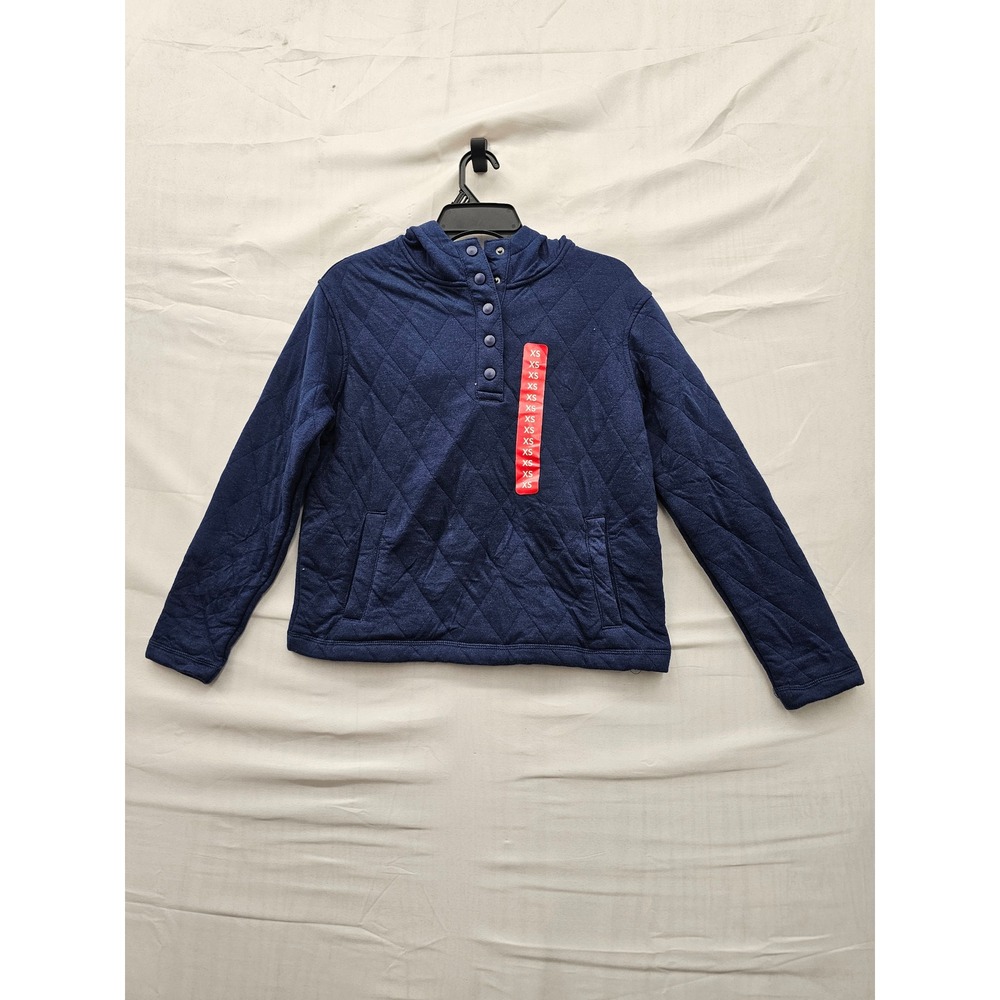 Lands' End Womens Quilted Pullover Hoodie Navy Cotton Blend Casual Size XS